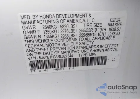 2024 Acura Mdx Standard from USA, damaged, VIN 5J8YE1H33RL027344
